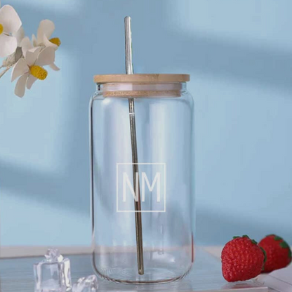 Nutcase Personalized Drinking Glass with Bamboo Lid and Metal Straw