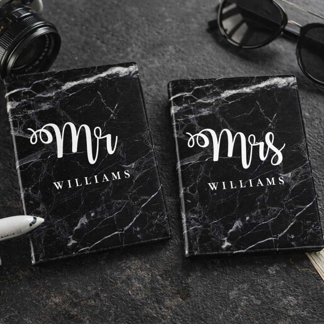 Couple Passport Holder Luggage Tag Gift Box- Mr Mrs Passport Sleeve and Bag Tag Set