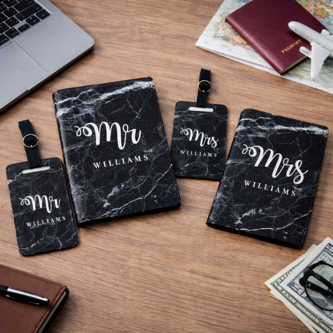Couple Passport Holder Luggage Tag Gift Box- Mr Mrs Passport Sleeve and Bag Tag Set
