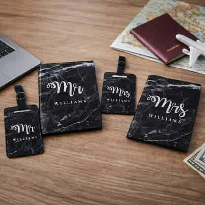 Couple Passport Holder Luggage Tag Gift Box- Mr Mrs Passport Sleeve and Bag Tag Set
