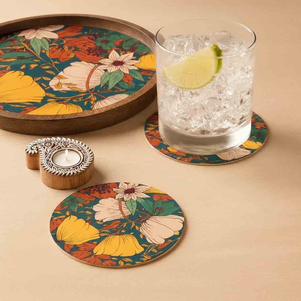 Natural Wood Round Tray with Matching Coasters & Diwali Diya Candle | Festive Gifting Set