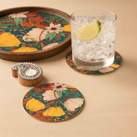 Natural Wood Round Tray with Matching Coasters & Diwali Diya Candle | Festive Gifting Set