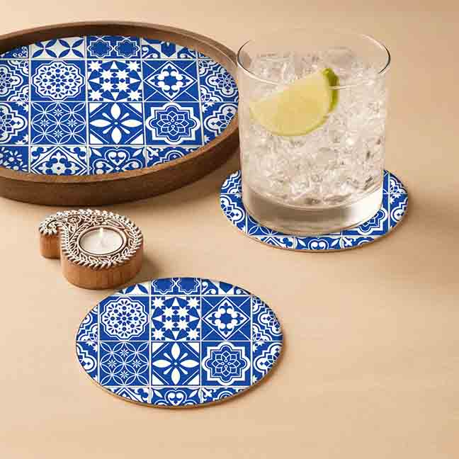 Natural Wood Round Tray with Matching Coasters & Diwali Diya Candle | Festive Gifting Set