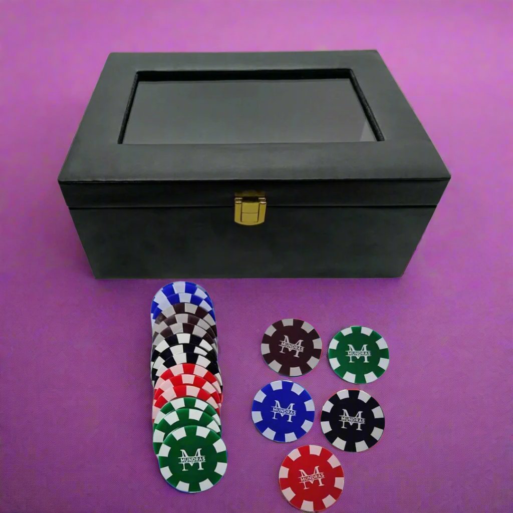 Custom Poker Chips Set in 5 colors Black, Brown, Blue, Green and Red in the set of 100/200/300