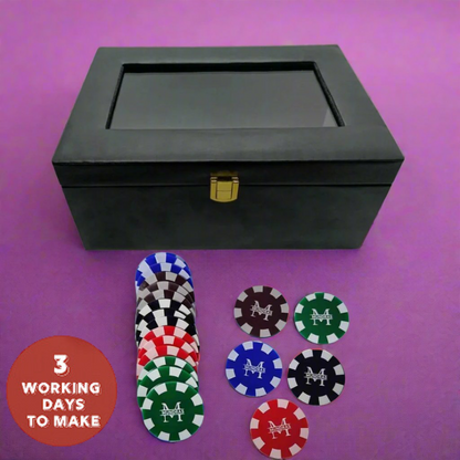 Custom Poker Chips Set in 5 colors Black, Brown, Blue, Green and Red in the set of 100/200/300