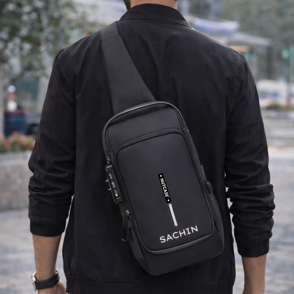 Anti-Theft Sling Bag for Men | Customized Crossbody Side Bag Waterproof Backpack with Built-in Lock & USB Charging Port