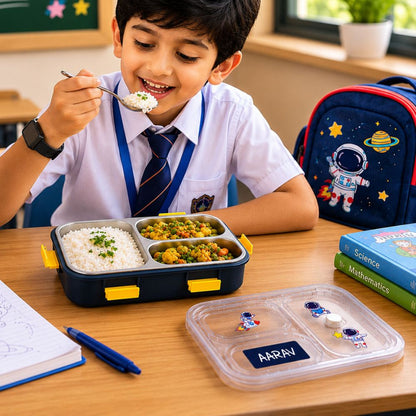 Personalized Kids Stainless Steel Lunch Box | Custom Name 3 Compartment Leakproof Tiffin Box