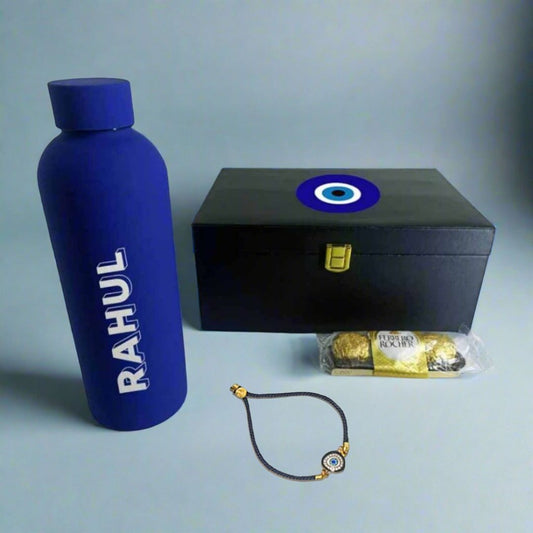 Personalized Rakhi Gift Set for Brother – Insulated Name Bottle & Evil Eye Rakhi