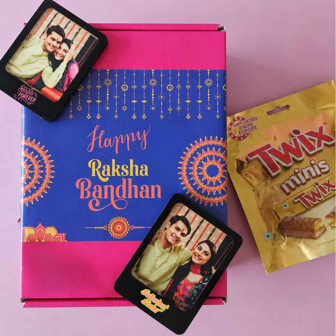 Personalized Raksha Bandhan Gift Box  Photo Fridge Magnet Set of 2 – Unique Polaroid Style Acrylic Photo Frames With Chocolate