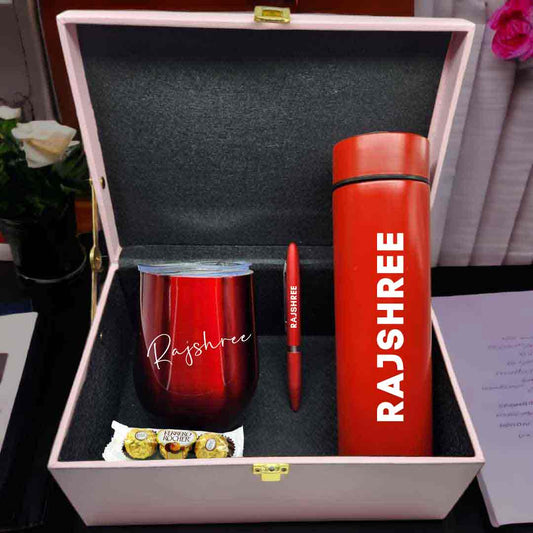 Personalized Valentines Day Gifts for her - Gifting Box with Tea Coffee Tumbler, Thermos and Pen