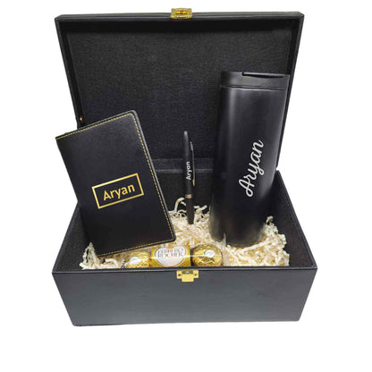 Personalized Gifts for Brother Raksha Bandhan Gift Set with Black PU Box, Custom Coffee Tumber, Personalized Pen, Passport Cover and Chocolates