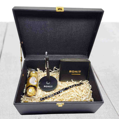 Customized Rakhi with Name Raksha Bandhan Gift Set with Magnetic Pen Wallet Chocolates & Bracelet Rakhi