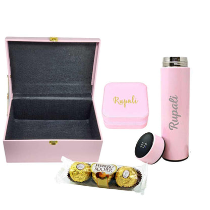 Pink Gift Box for Her with Pink Temperature Tea Coffee Flask Bottle, Jewellery Box & Chocolates