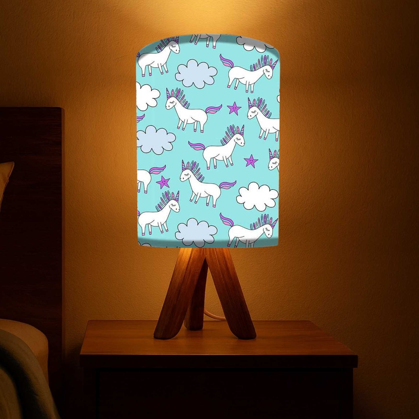 Wooden Tripod Table Lamp For Bedroom - Unicorn and Stars (3W LED Bulb Included)