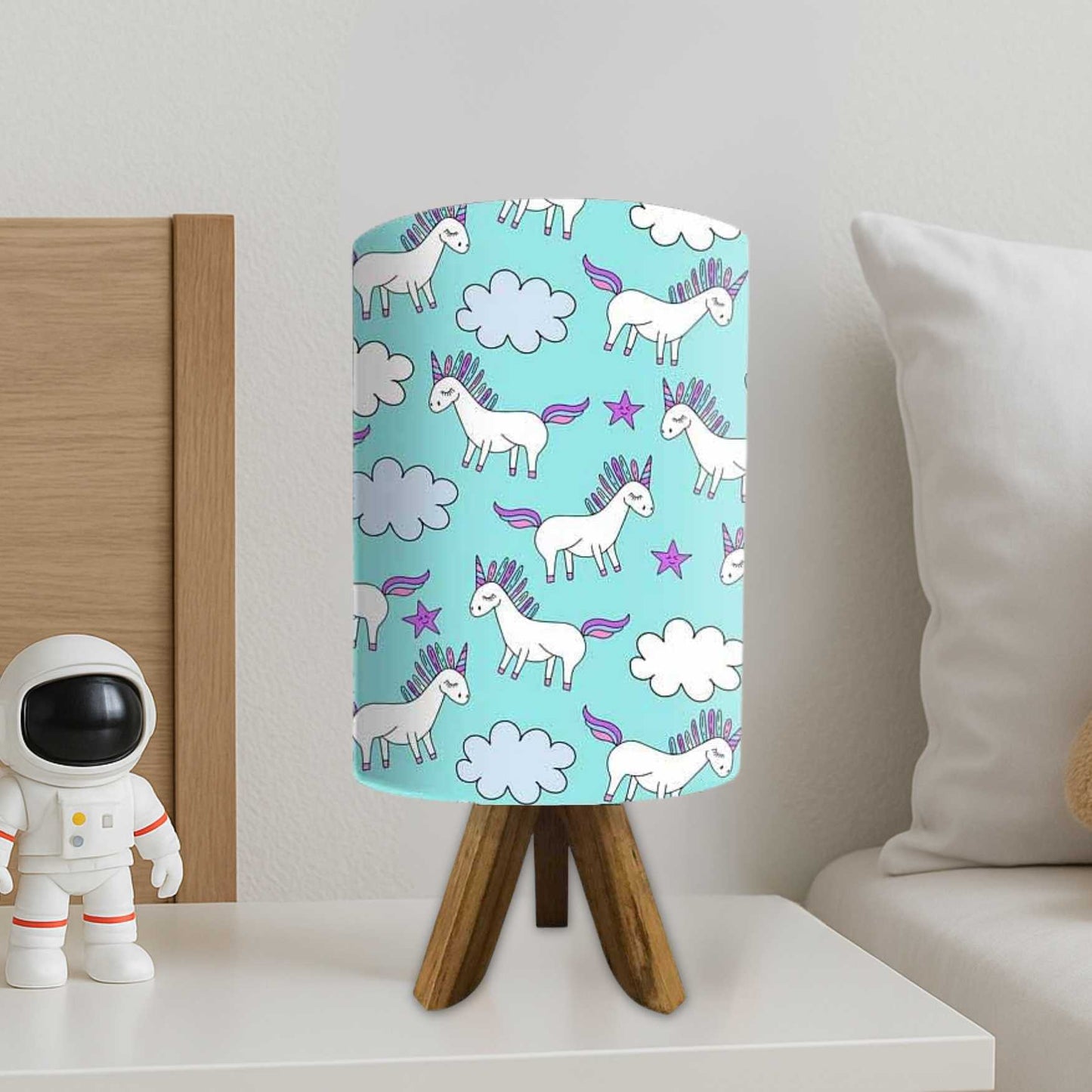 Wooden Tripod Table Lamp For Bedroom - Unicorn and Stars (3W LED Bulb Included)