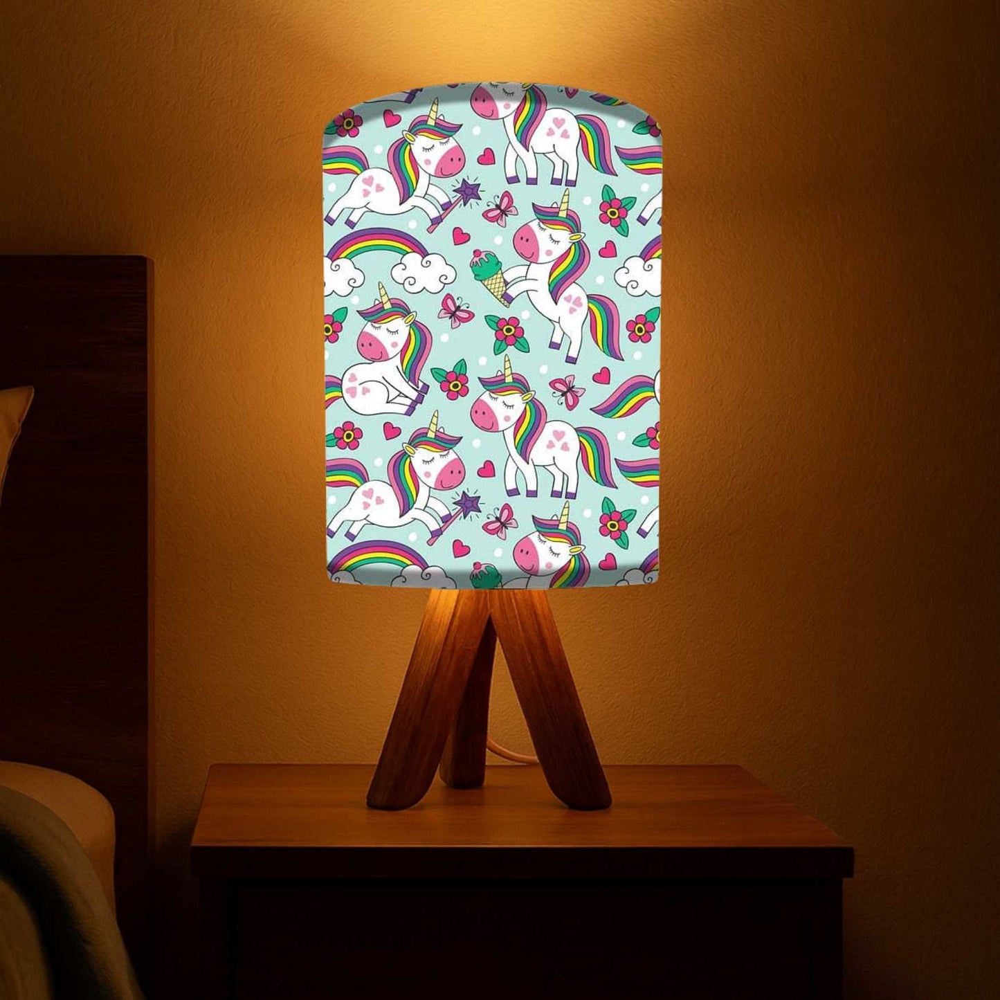 Wooden Tripod Table Lamp base For Bedroom-Cute Unicorn (3W LED Bulb Included)