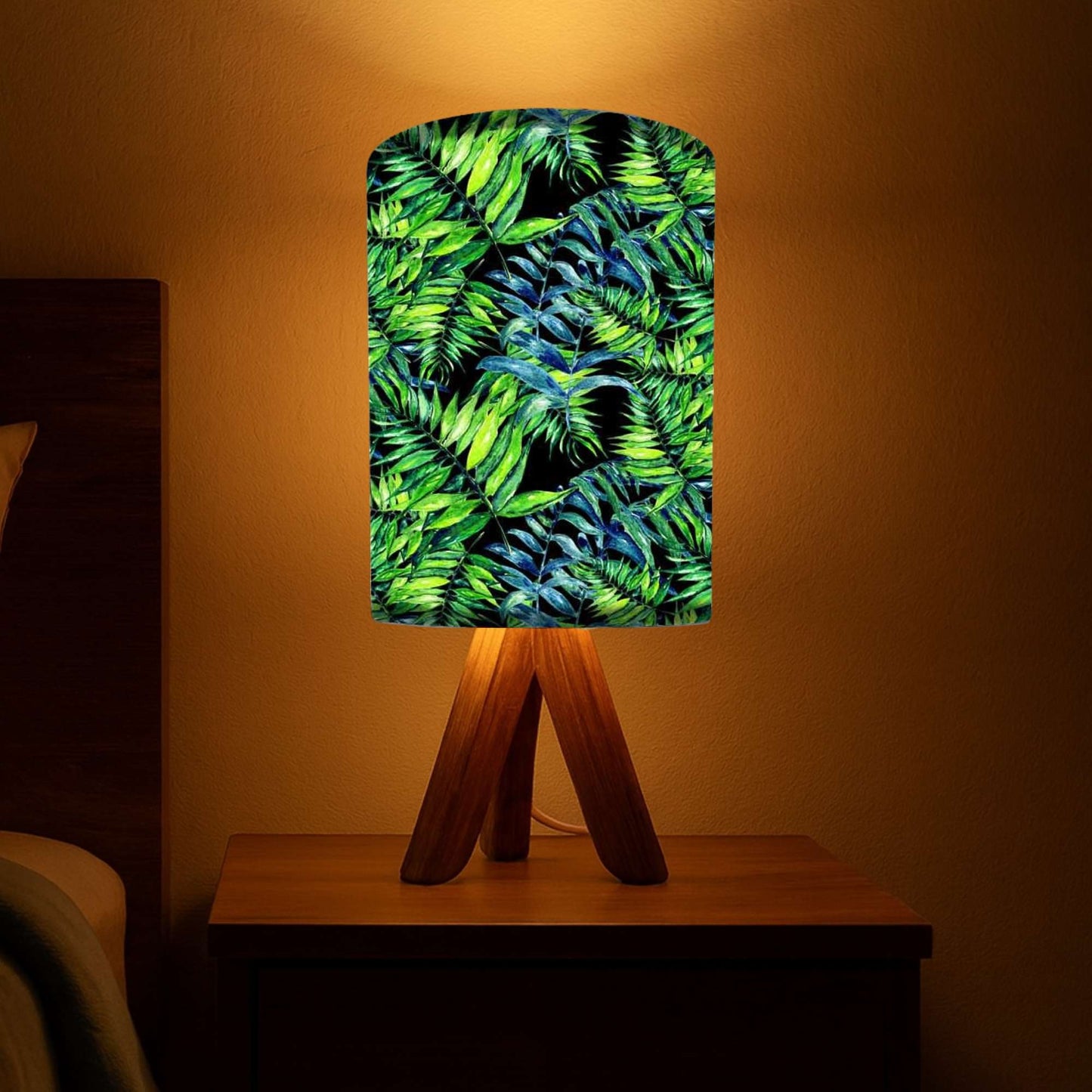 Wooden Lamp Table For Bedroom-Dark Green Leaves (3W LED Bulb Included)