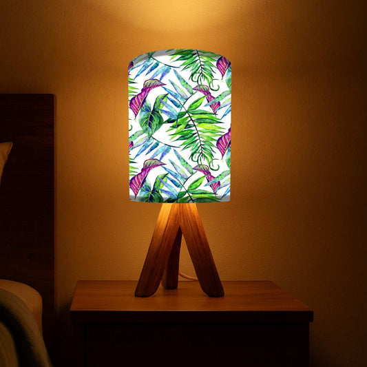 Wooden Base Lamp For Bedroom-Green Pink Leaves (3W LED Bulb Included)