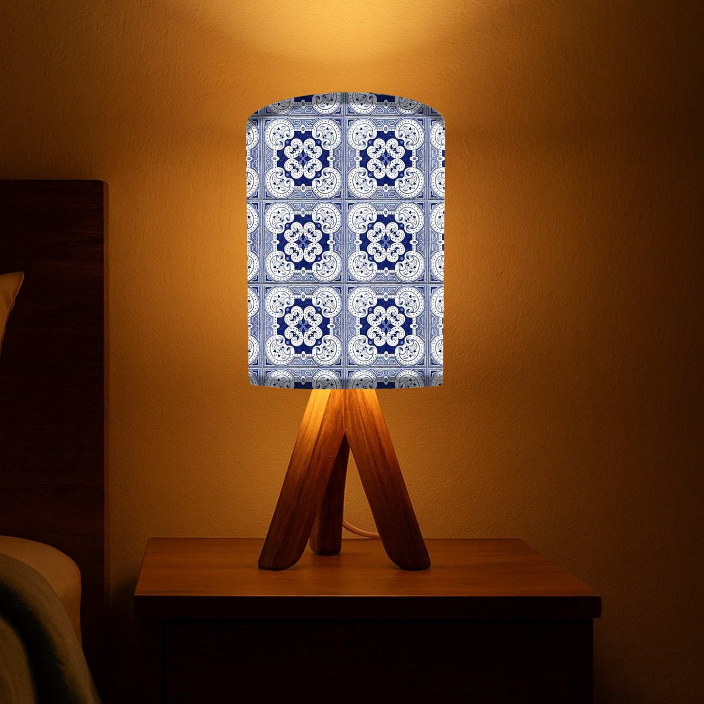 Wooden Tripod Table Lamp base For Bedroom-Square Blue Flower Tiles (3W LED Bulb Included)