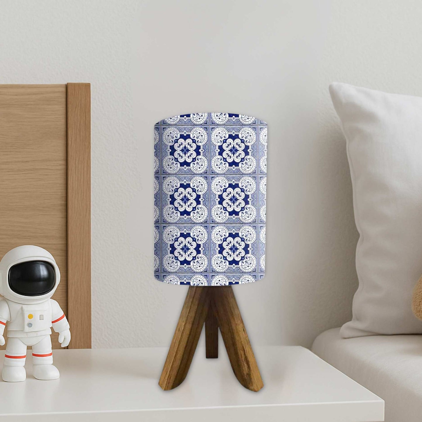 Wooden Tripod Table Lamp base For Bedroom-Square Blue Flower Tiles (3W LED Bulb Included)
