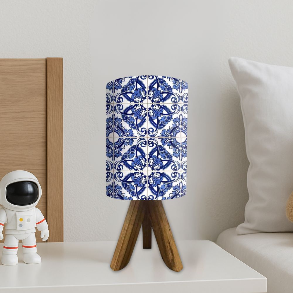 Wooden Lantern Table Lamp For Bedroom-Blue Floral Tiles (3W LED Bulb Included)