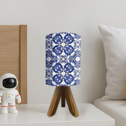 Wooden Lantern Table Lamp For Bedroom-Blue Floral Tiles (3W LED Bulb Included)