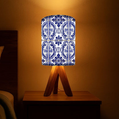 Wooden Tripod Table Lamp For Bedroom-Vertical Blue Flower Tiles (3W LED Bulb Included)