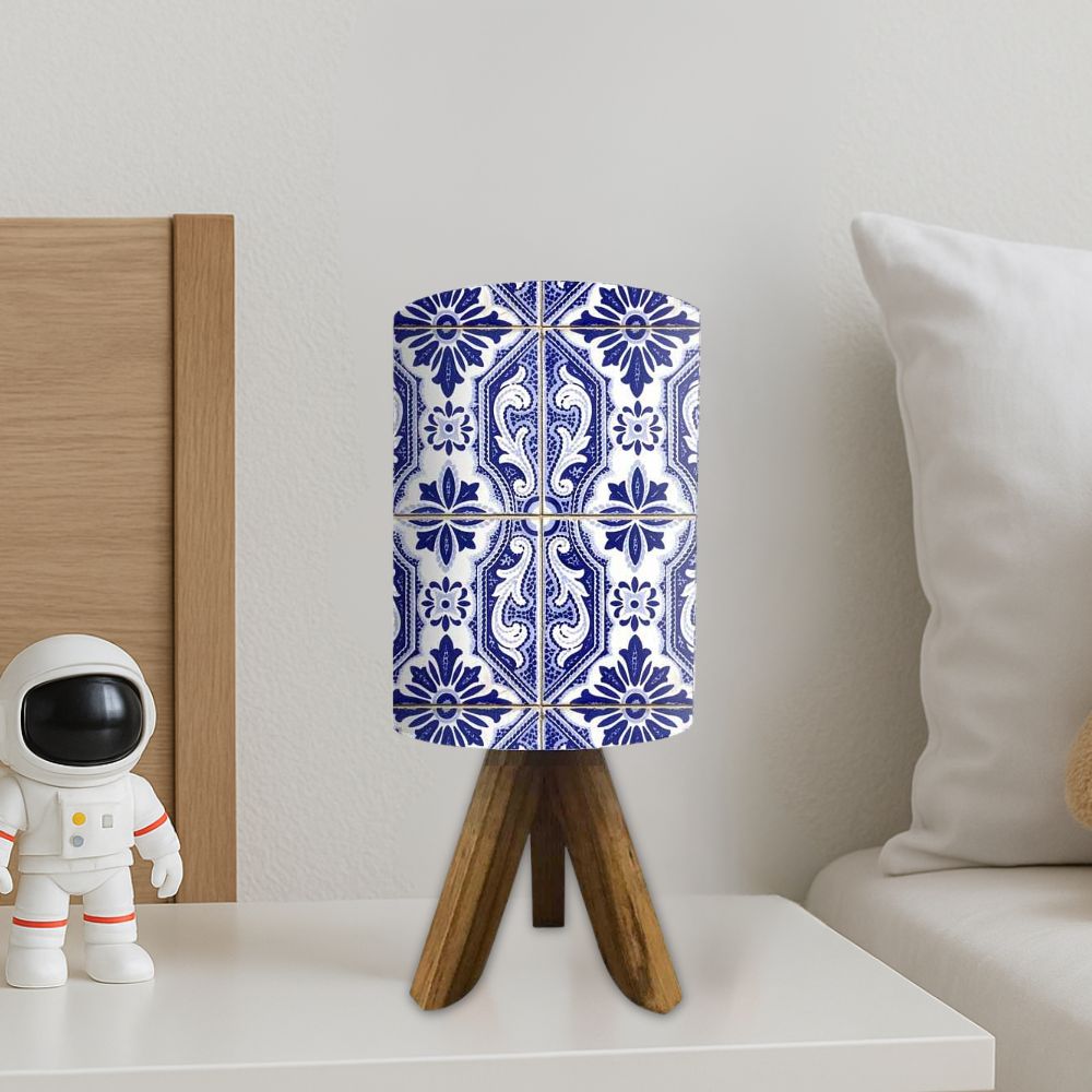 Wooden Tripod Table Lamp For Bedroom-Vertical Blue Flower Tiles (3W LED Bulb Included)