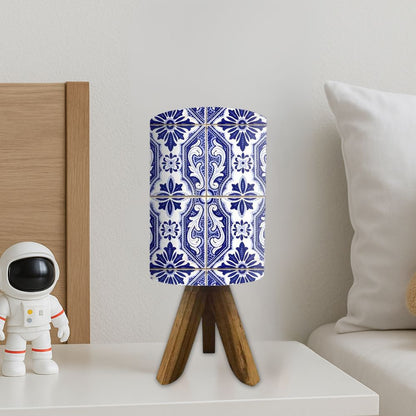 Wooden Tripod Table Lamp For Bedroom-Vertical Blue Flower Tiles (3W LED Bulb Included)