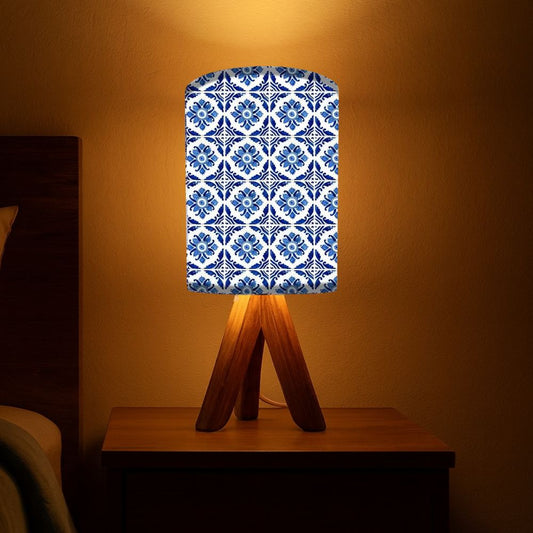 Wooden Bedside Lamp Mini Tripod Light for Bedroom Living Room-Blue Flower Tiles (3W LED Bulb Included)