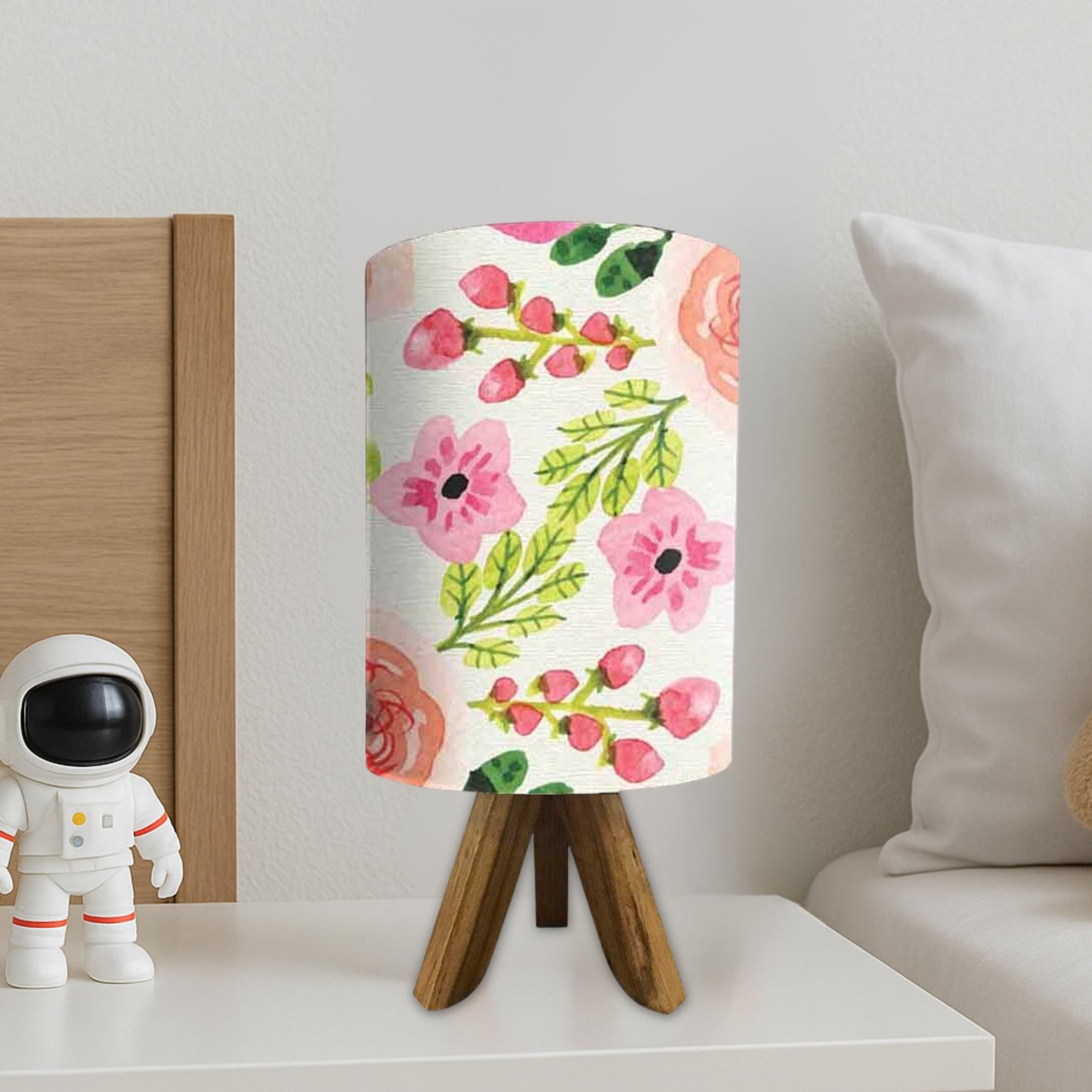 Small Wooden Bedside Table Lamps For Bedroom Living Room-Watercolor Flower (3W LED Bulb Included)