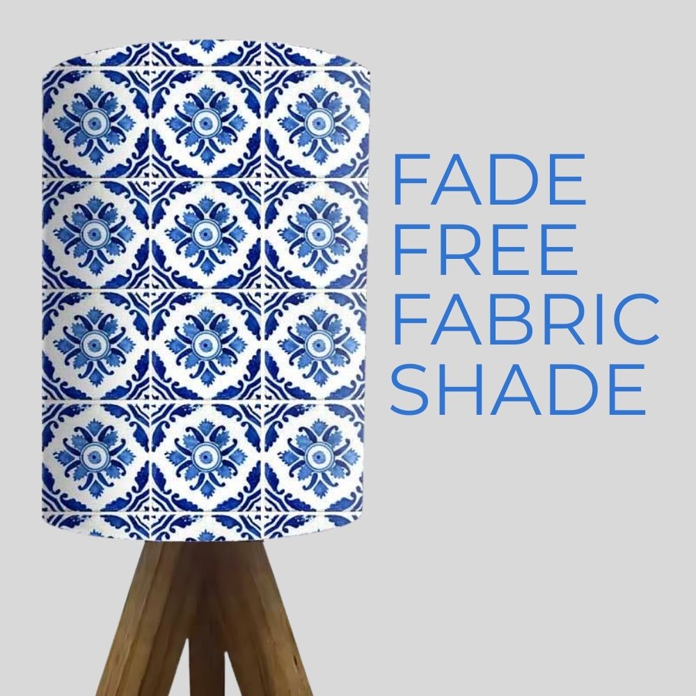 Wooden Bedside Lamp Mini Tripod Light for Bedroom Living Room-Blue Flower Tiles (3W LED Bulb Included)