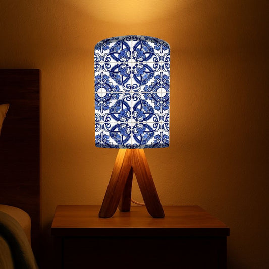 Wooden Lantern Table Lamp For Bedroom-Blue Floral Tiles (3W LED Bulb Included)