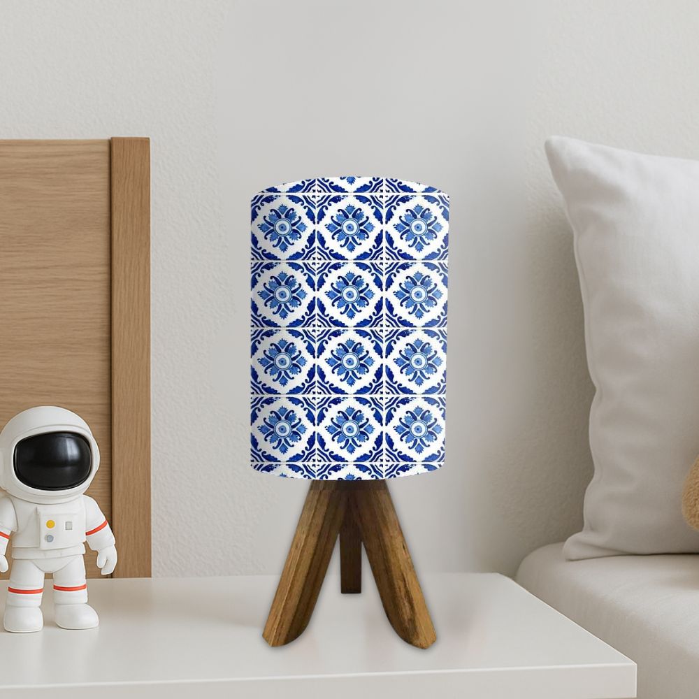 Wooden Bedside Lamp Mini Tripod Light for Bedroom Living Room-Blue Flower Tiles (3W LED Bulb Included)