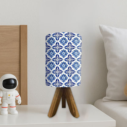 Wooden Bedside Lamp Mini Tripod Light for Bedroom Living Room-Blue Flower Tiles (3W LED Bulb Included)