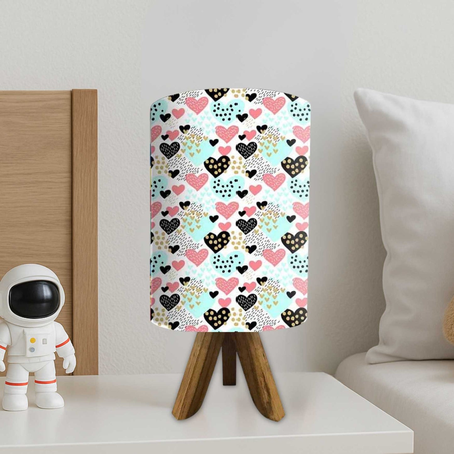 Small Wooden Lamp Table For Bedroom-Dotted Hearts (3W LED Bulb Included)