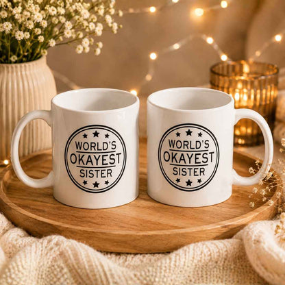 Funny Rakhi Gifts For Sister Ceramic White Cups - Set Of 2- Worlds Okayest Sister