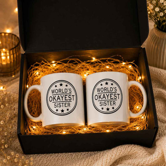 Funny Rakhi Gifts For Sister Ceramic White Cups - Set Of 2- Worlds Okayest Sister