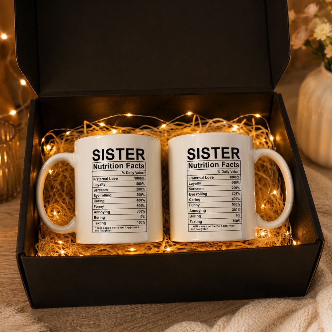 Coffee Tea Cup For Sister -Funny Ceramic White Mug-SET OF 2 With Fairy Lights in Gift Box- Nutrition Facts