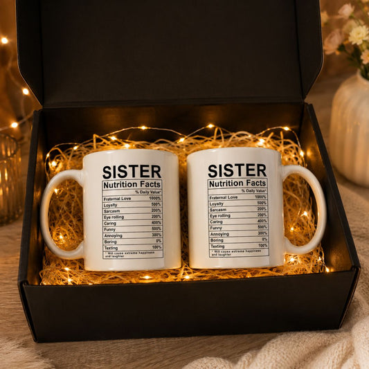 Coffee Tea Cup For Sister -Funny Ceramic White Mug-SET OF 2 With Fairy Lights in Gift Box- Nutrition Facts