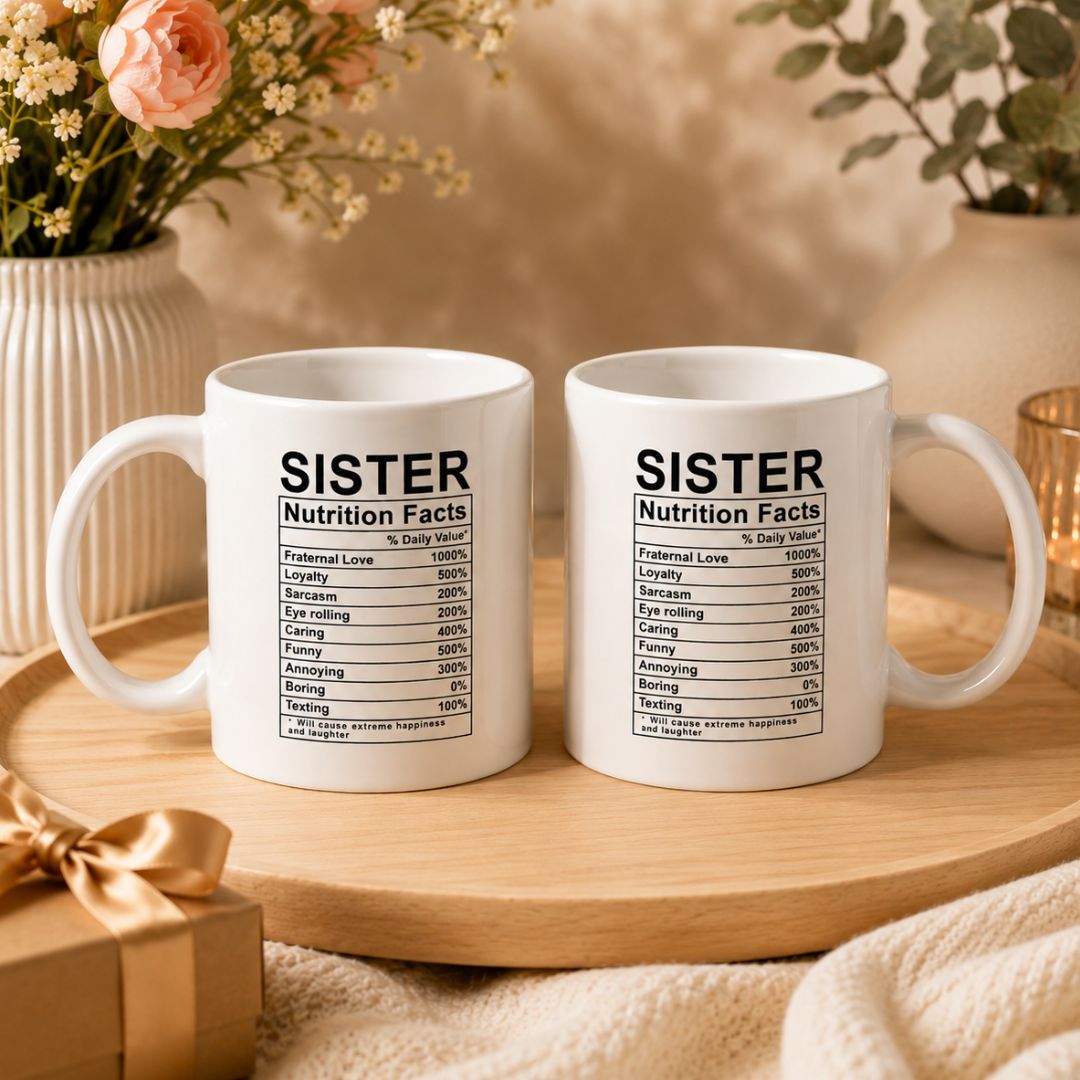 Coffee Tea Cup For Sister -Funny Ceramic White Mug-SET OF 2 With Fairy Lights in Gift Box- Nutrition Facts