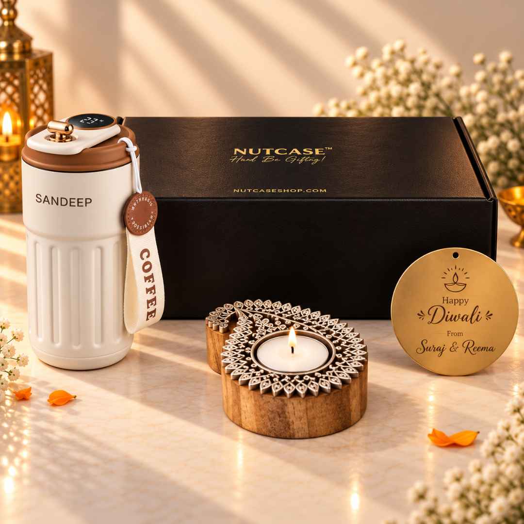 Personalised Diwali Coffee Tumbler Gift Set (500 ml) with Handcrafted Wooden Leaf Diya & Custom Diwali Gift Note
