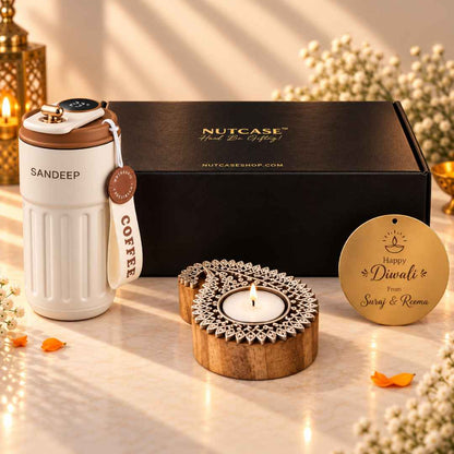 Personalised Diwali Coffee Tumbler Gift Set (500 ml) with Handcrafted Wooden Leaf Diya & Custom Diwali Gift Note