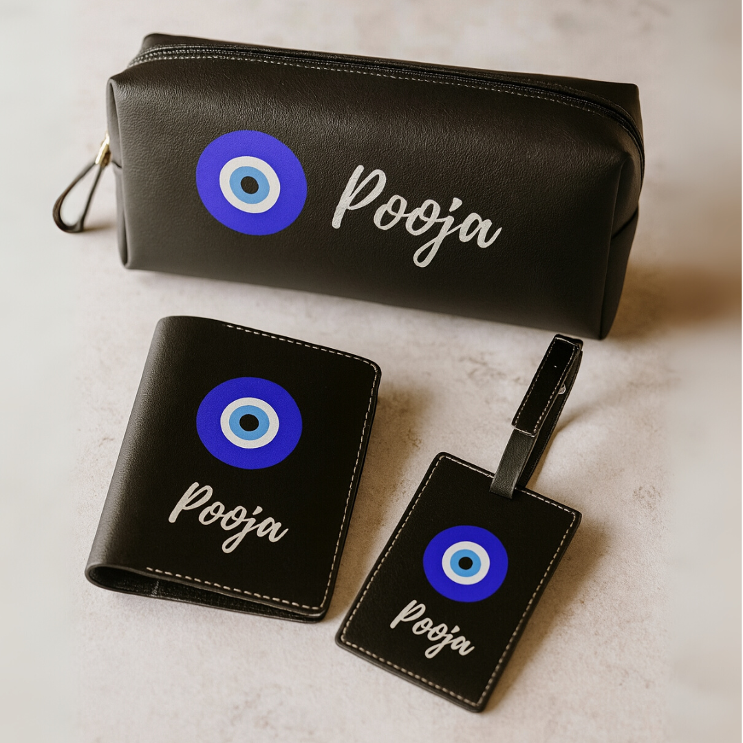 Personalized Travelling Pouch, Passport Cover & Luggage Tag with Evil Eye Design