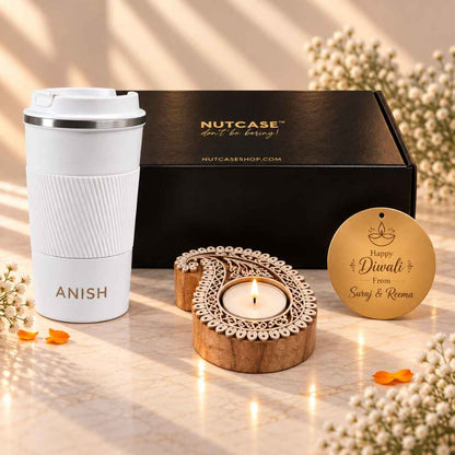 Personalised Diwali Coffee Tumbler Gift Set (500 ml) with Handcrafted Wooden Leaf Diya & Custom Diwali Gift Note