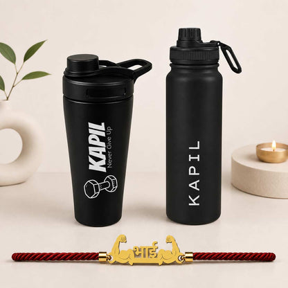Personalized Gift for Brother - Golden Acrylic Rakhi, Gym Shaker & Water Bottle Rakhi Gift Set for Raksha Bandhan