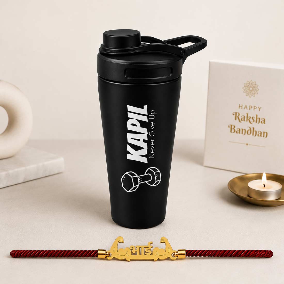 Personalized Gift for Brother - Golden Acrylic Rakhi, Gym Shaker & Water Bottle Rakhi Gift Set for Raksha Bandhan