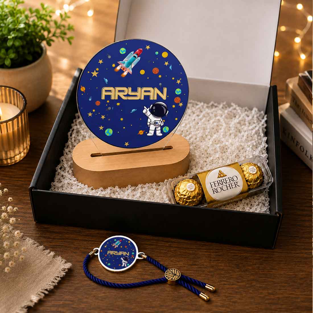 Rakhi for Little Brother Kids Gifts - Space Theme LED Lamp , Personalized Rakhi and Chocolate