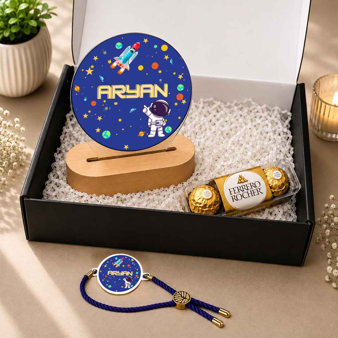 Rakhi for Little Brother Kids Gifts - Space Theme LED Lamp , Personalized Rakhi and Chocolate