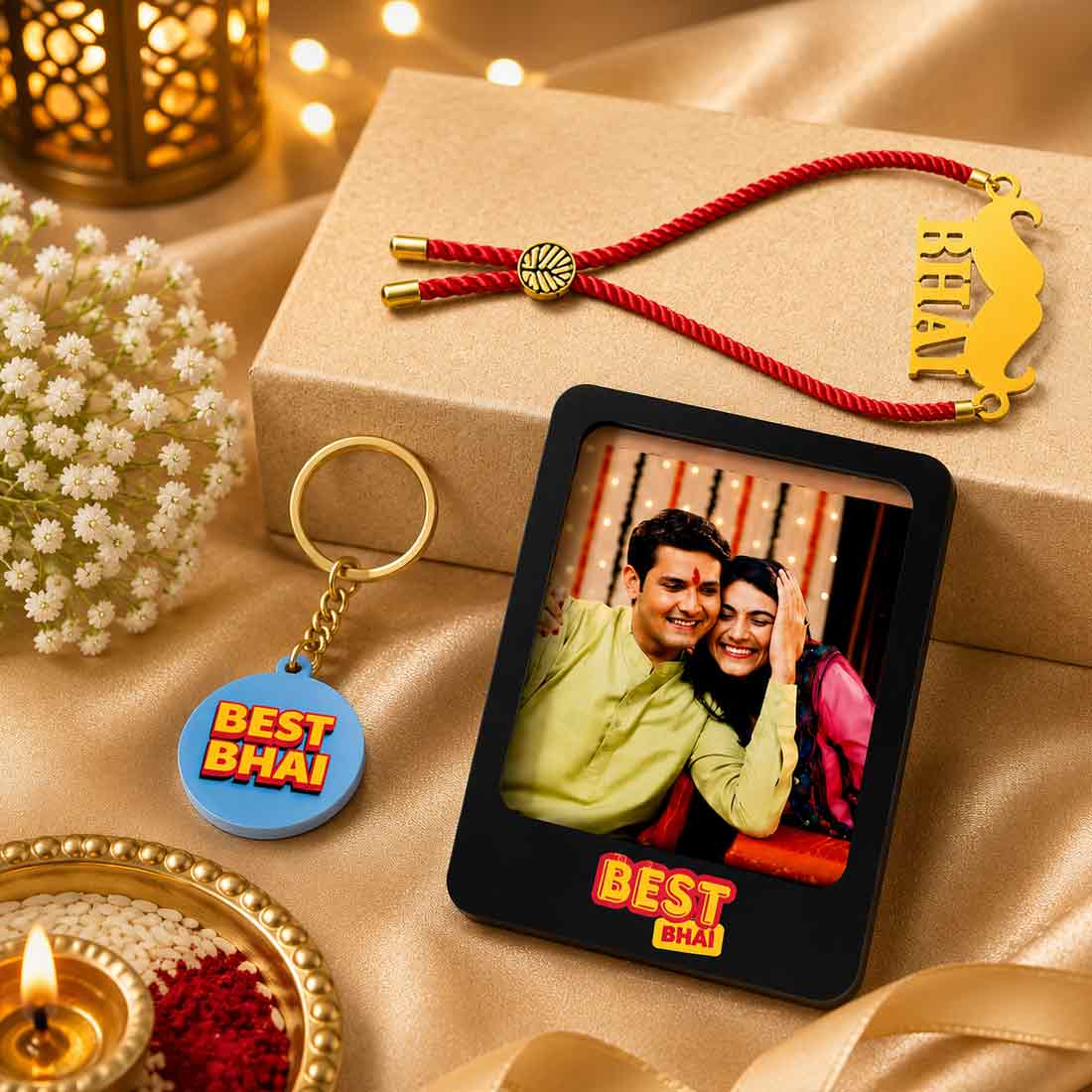 Perfect Gifts of Raksha Bandhan for Brother – Rakhi Gift Set with Photo Magnet, Keychain & Chocolates